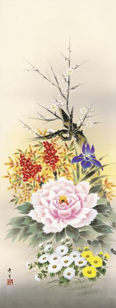 掛け軸 四季花 北川歩生 拡大