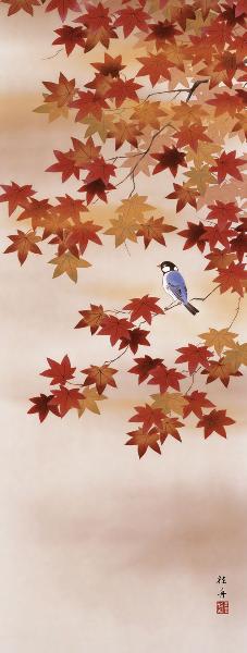 掛け軸 紅葉に小鳥 長江桂舟 拡大