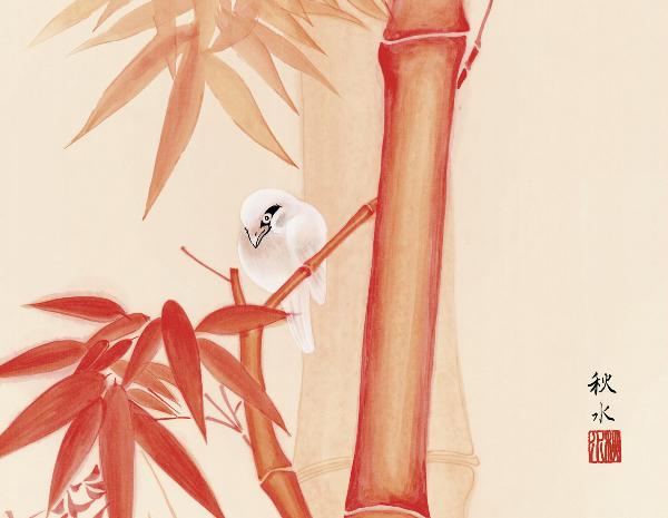 額 朱竹に小鳥 浮田秋水 拡大
