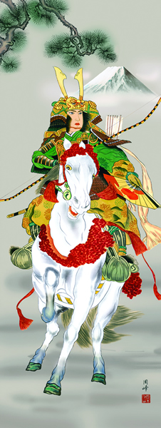 掛け軸 白馬武者 高畠周峰 正絹 尺五 拡大