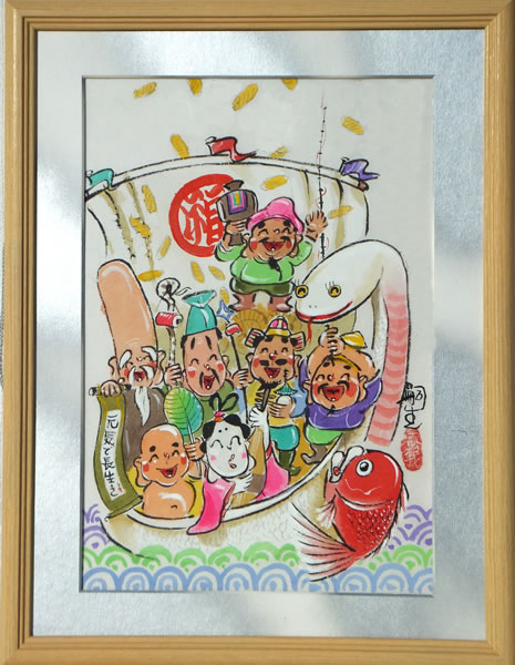真作/堂野夢酔/大黒天図/横物/七福神の内の一人/掛軸☆宝船☆AI-174 真作/堂野夢酔/大黒天図/横物/七福神の内の一人/掛軸